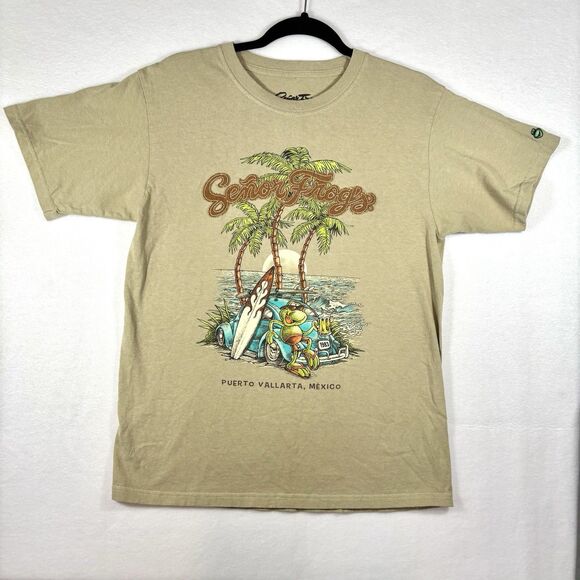 Vintage SENOR FROG’S T Shirt Beige Graphics Surfer Frog Beach Setting - Picture 1 of 7